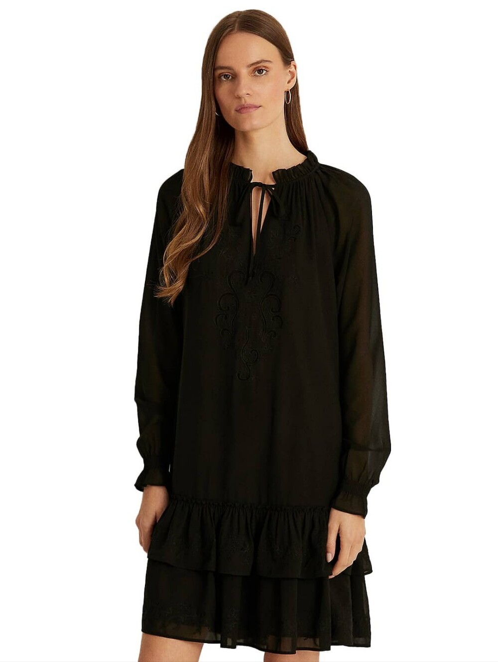 Lauren Ralph Lauren Embroidered Black Georgette Dress Romantic Goth Size 12